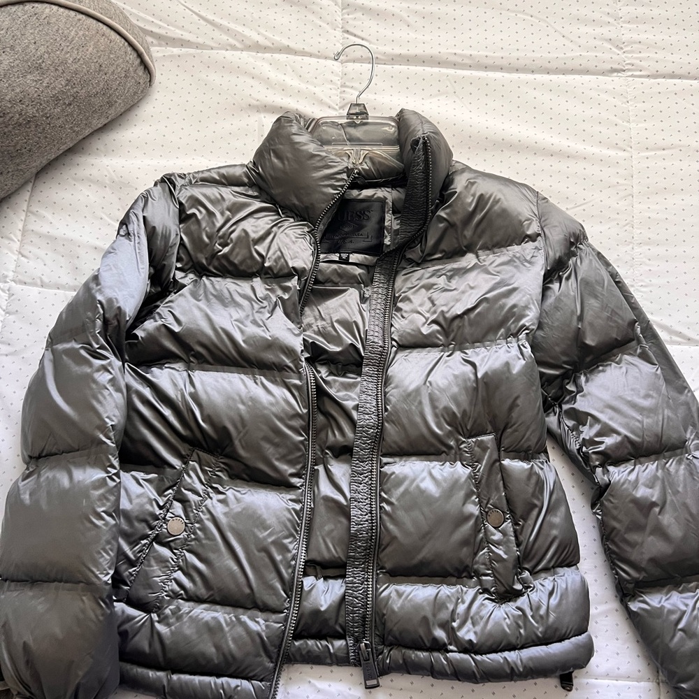 Guess Gray Quilted Puffer Jacket with High Collar